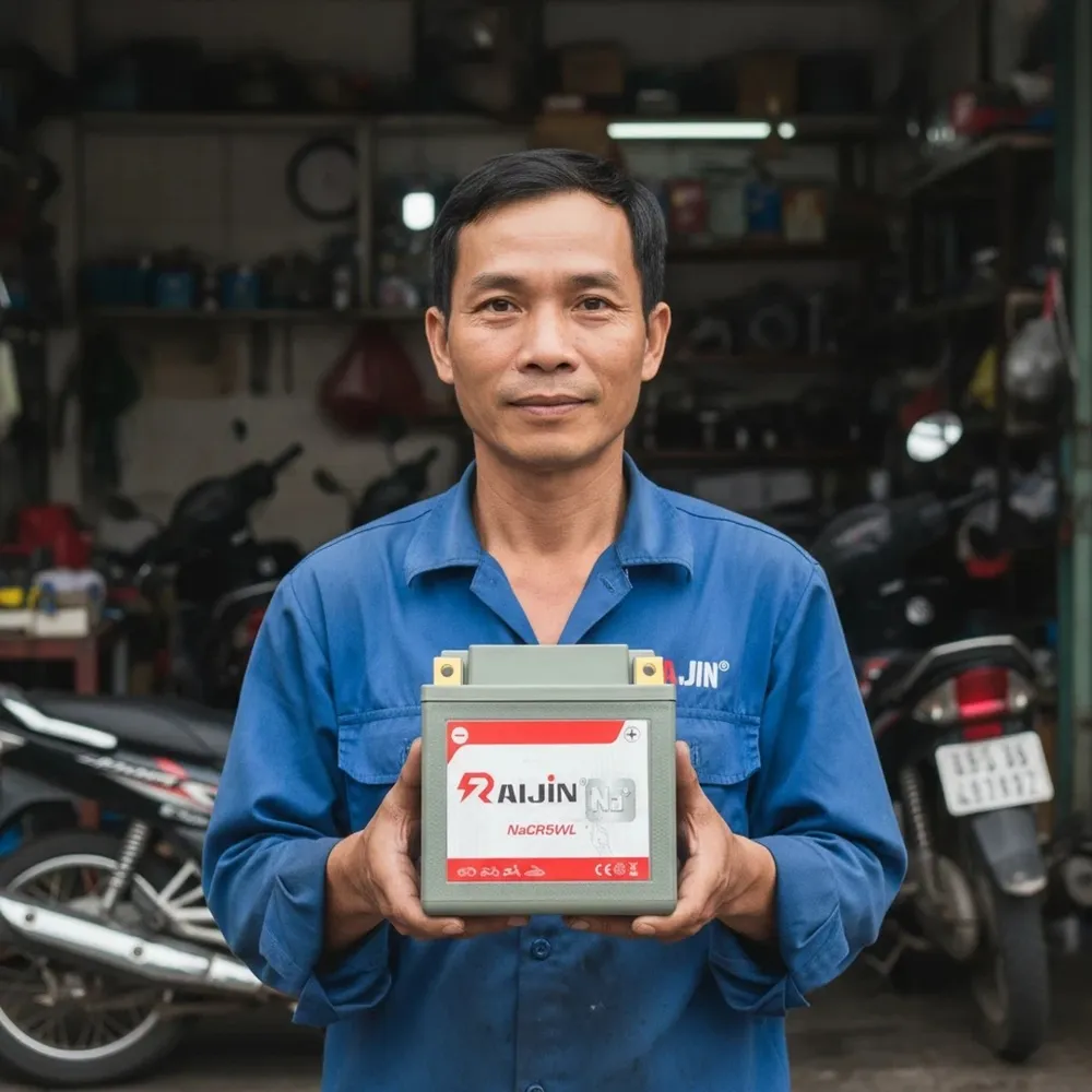 Thợ sửa xe cầm bình ắc quy Raijin trong tiệm